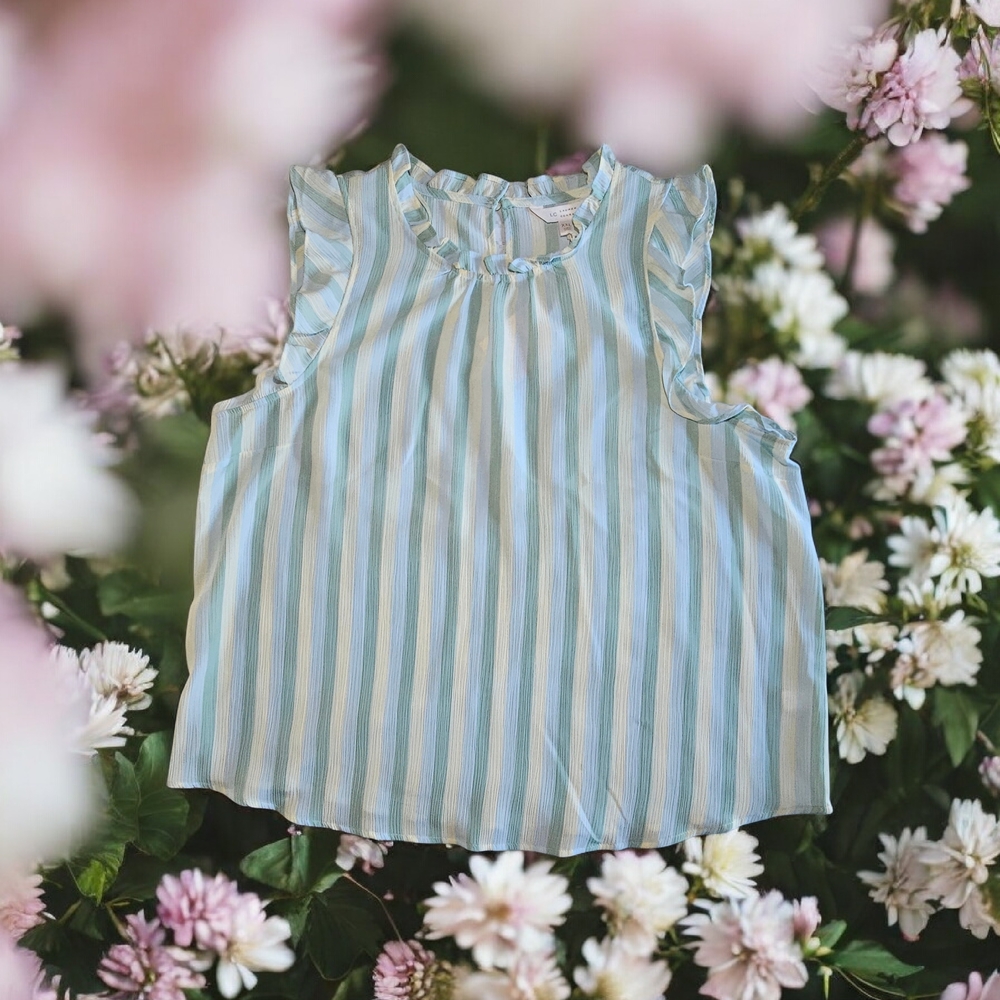 LC Lauren Conrad Blue and White Striped Ruffled Blouse XXL